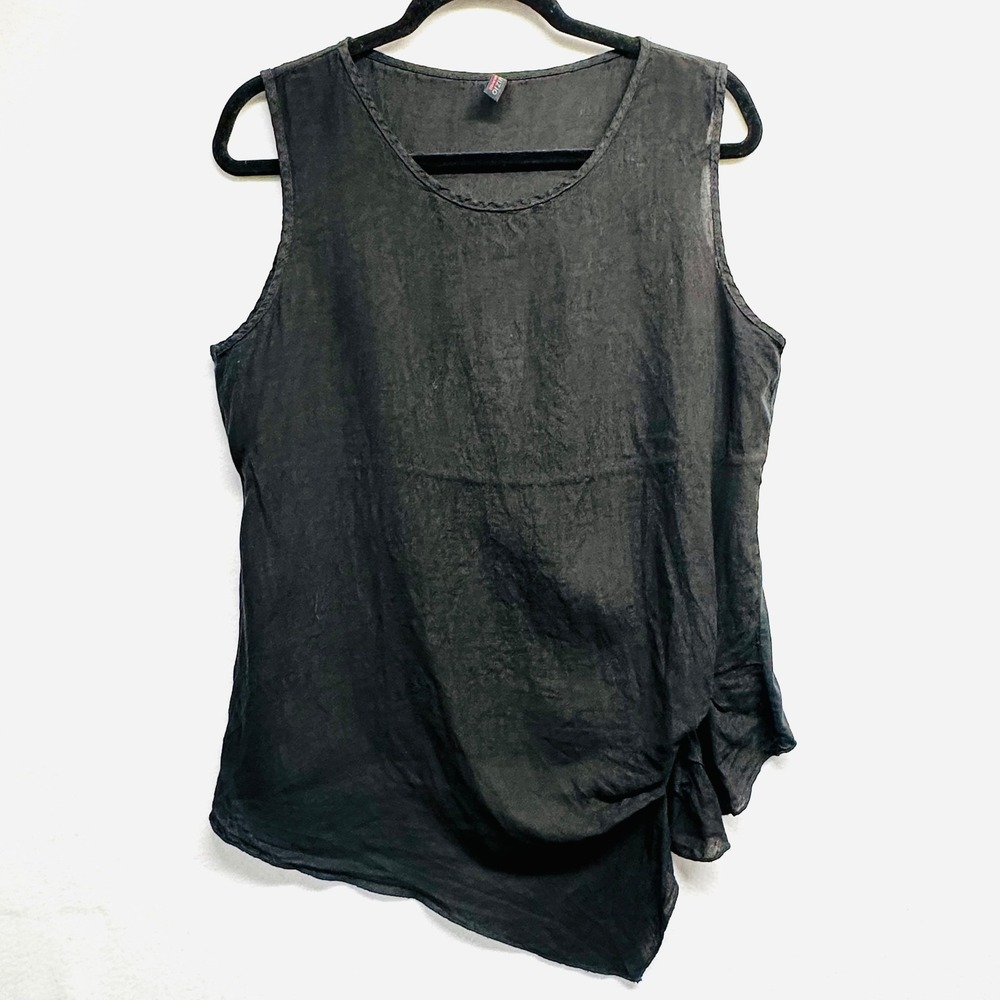 Inizio Linen Tank Top Women XL Black Asymmetrical Draped Italy Sleeveless